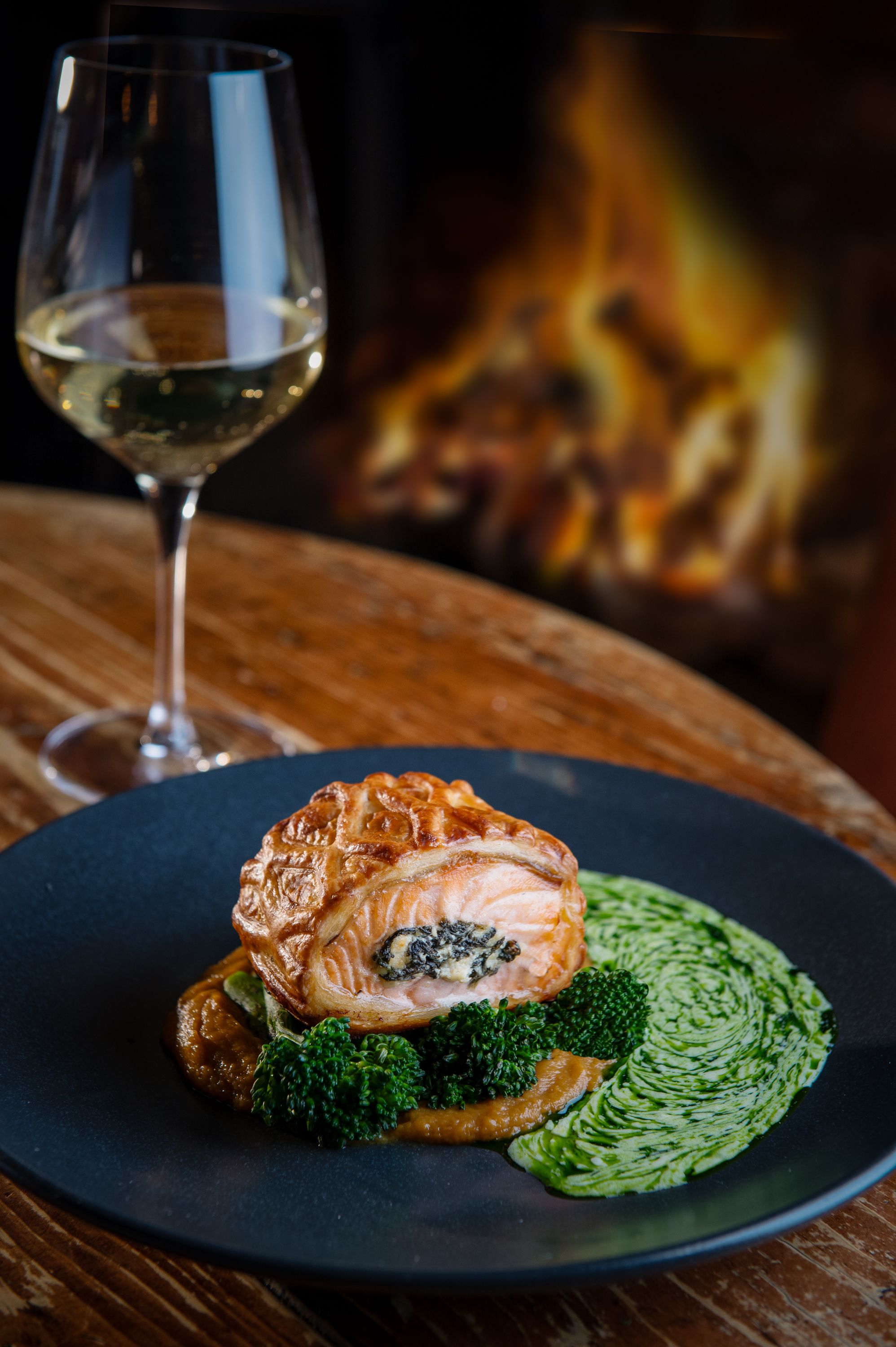 restaurant dish in front of fire