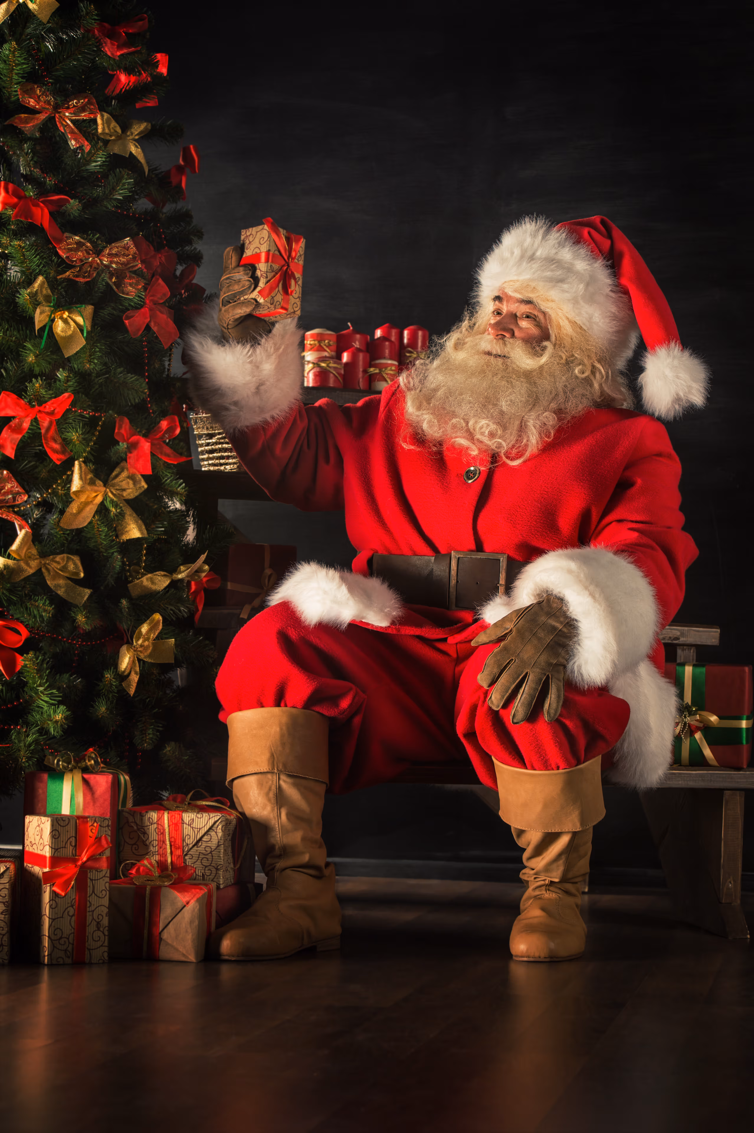 father christmas holding a present next to a christmas tree